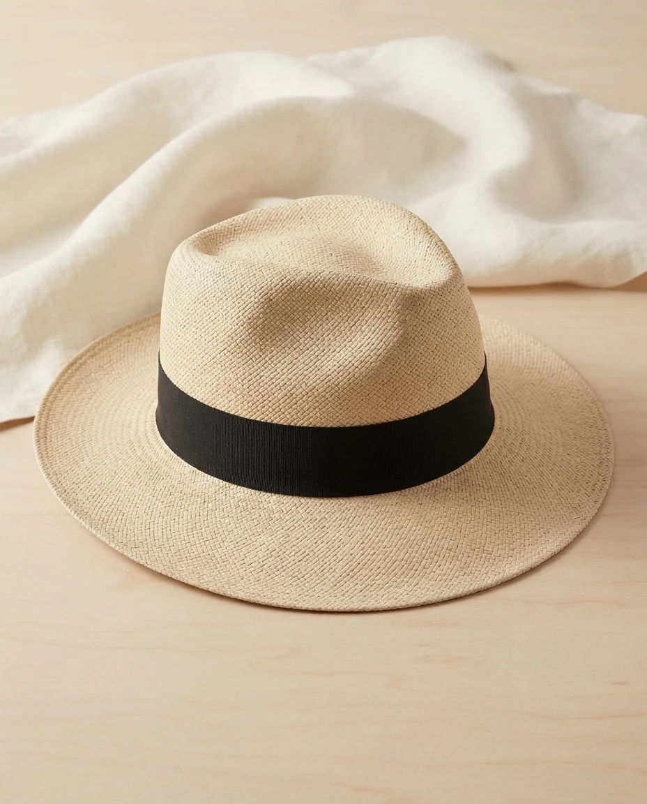 AI-generated natural panama hat photography: linen still life