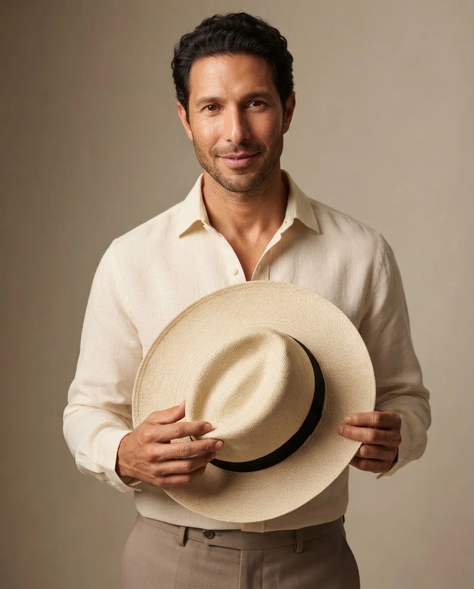 AI-generated natural panama hat photography: held portrait