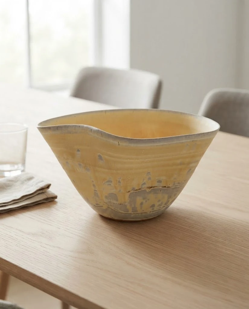 AI-generated ochre wave bowl photography: at the table