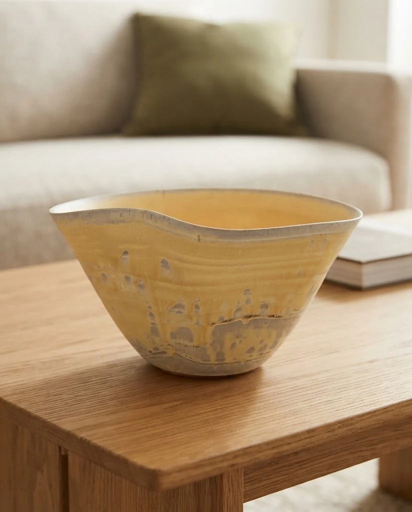 AI-generated ochre wave bowl photography: living-room setting