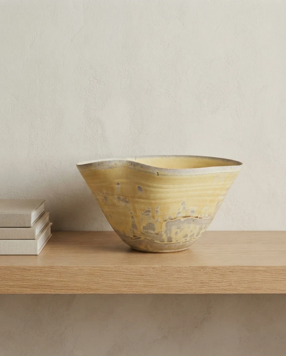 AI-generated ochre wave bowl photography: shelf vignette