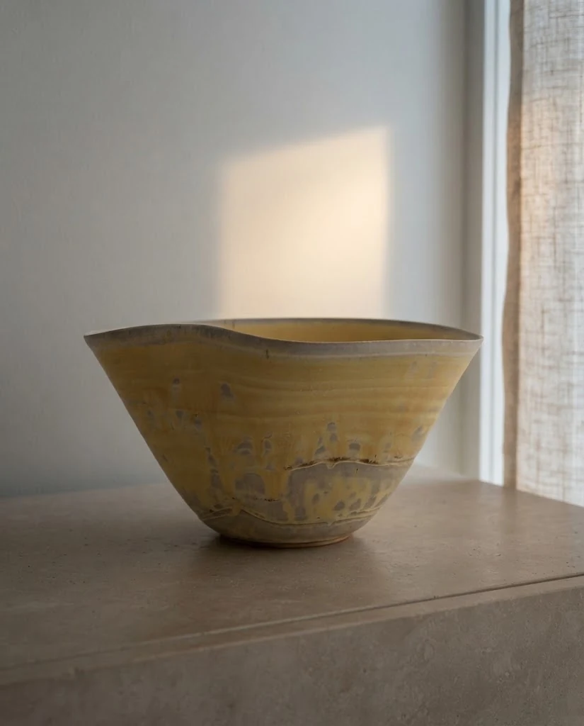 AI-generated ochre wave bowl photography: window light