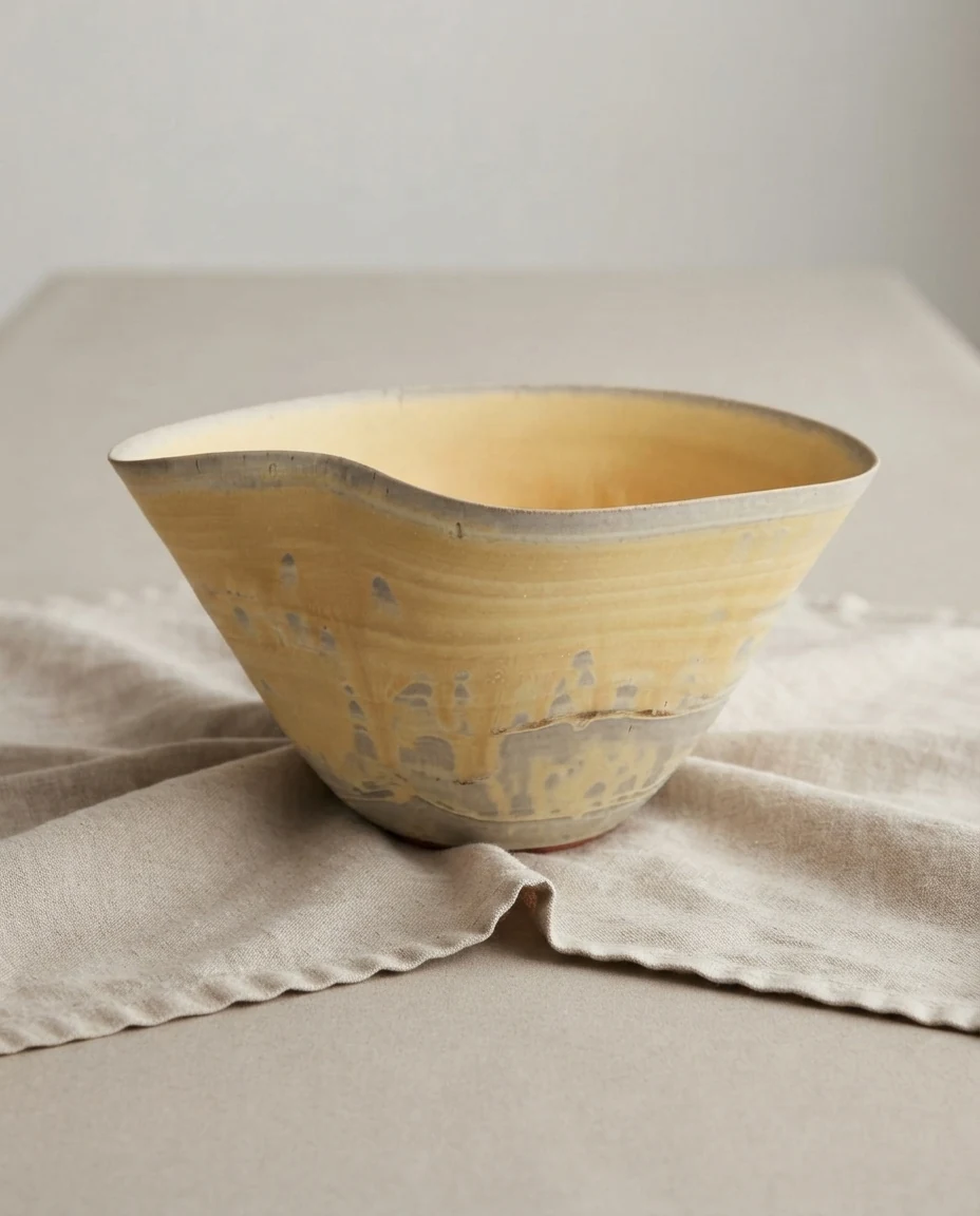 AI-generated ochre wave bowl photography: linen still life