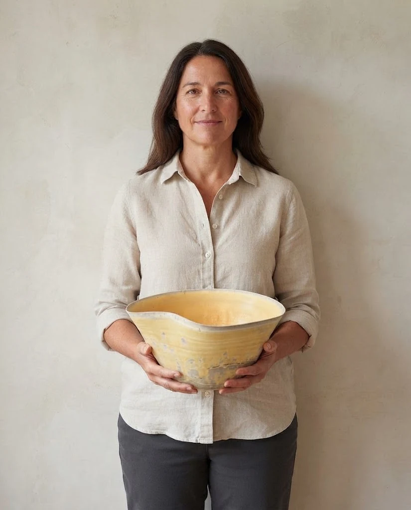 AI-generated ochre wave bowl photography: held for scale