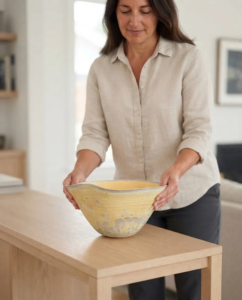 AI-generated ochre wave bowl photography: a placing moment