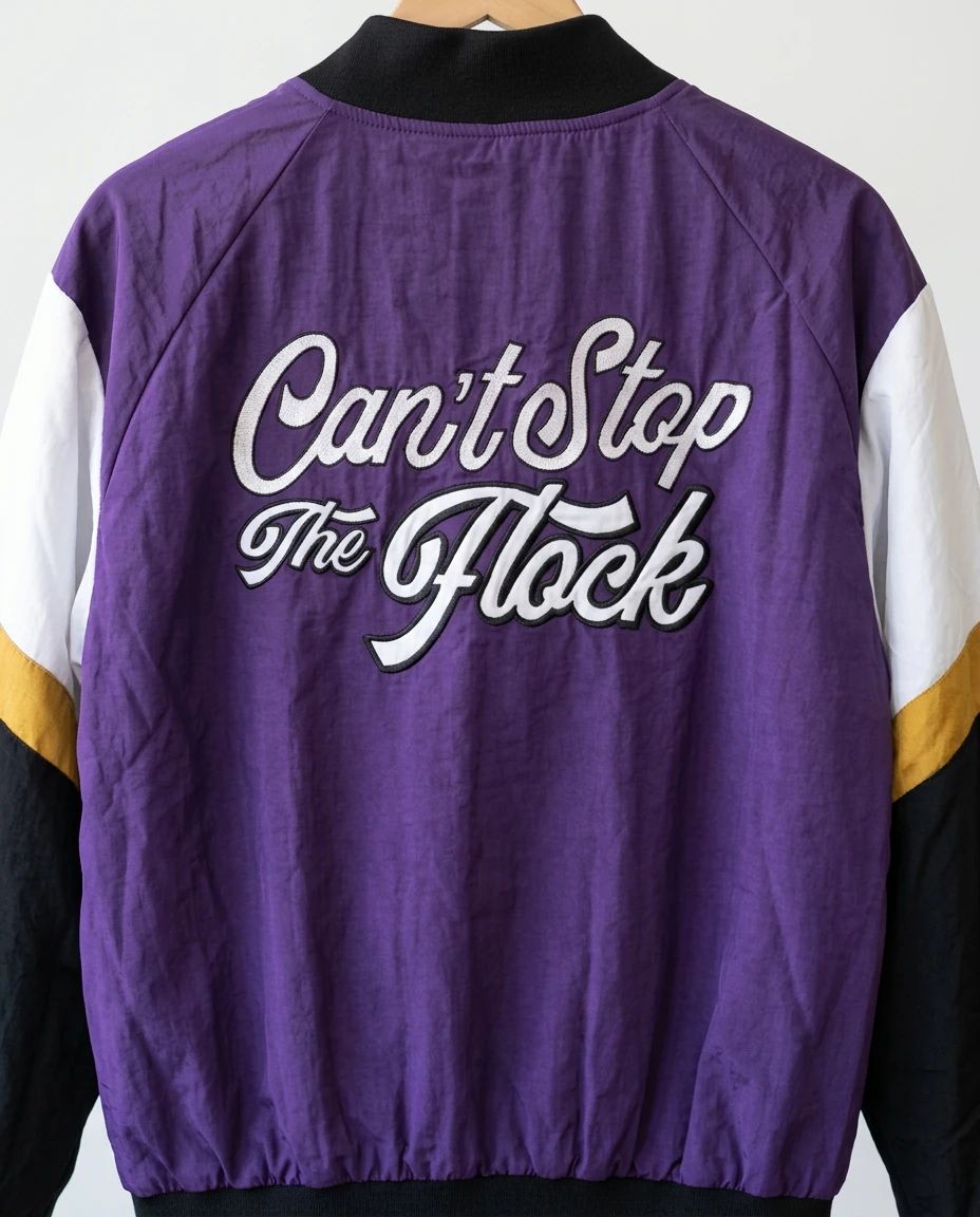 AI-generated purple varsity jacket photography: artwork detail