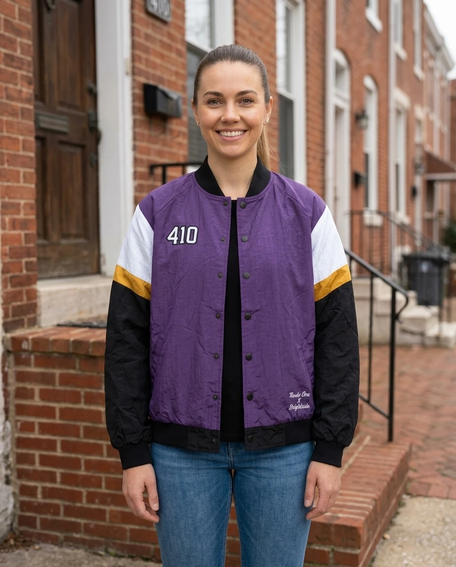 Purple varsity jacket in an AI-generated setting