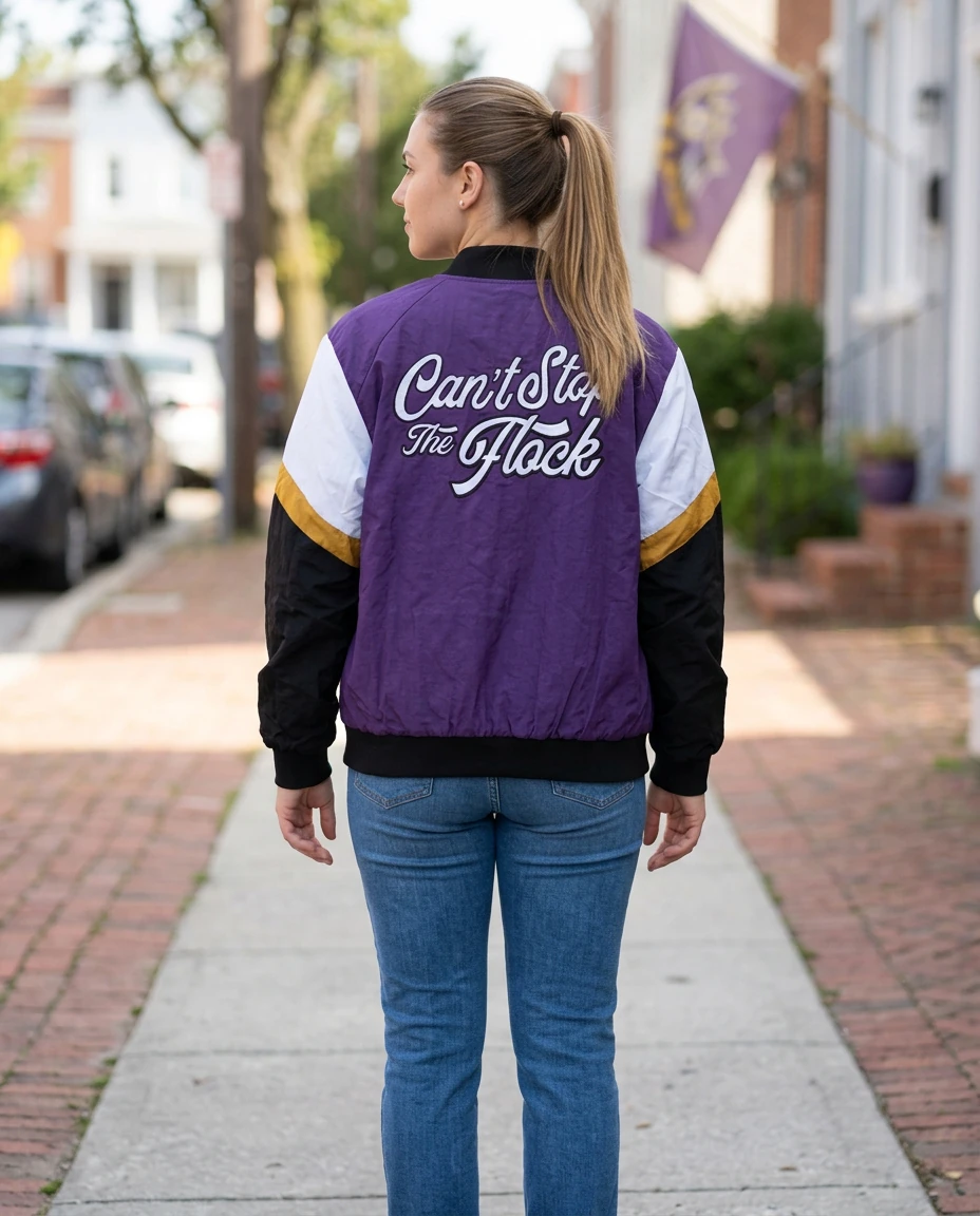 AI-generated purple varsity jacket photography: an autumn walk
