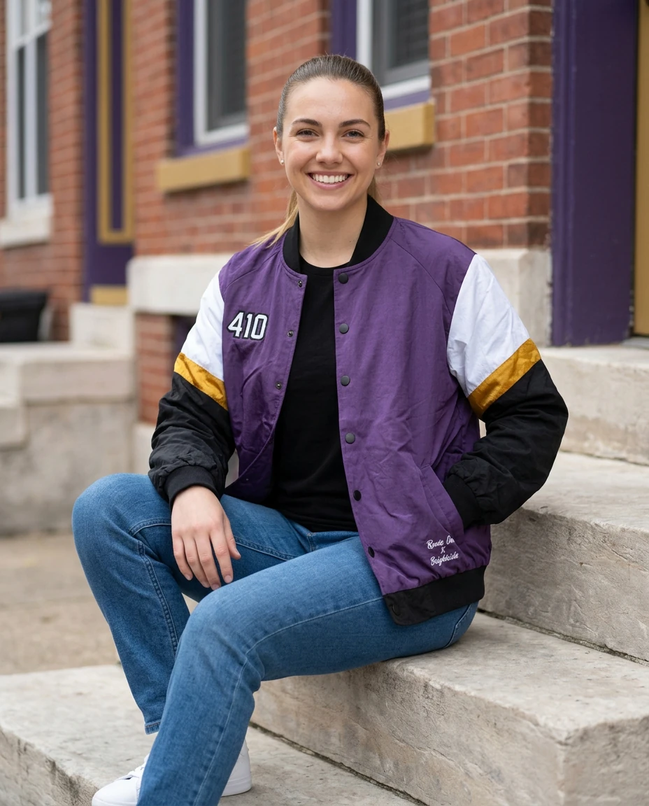 AI-generated purple varsity jacket photography: a relaxed moment