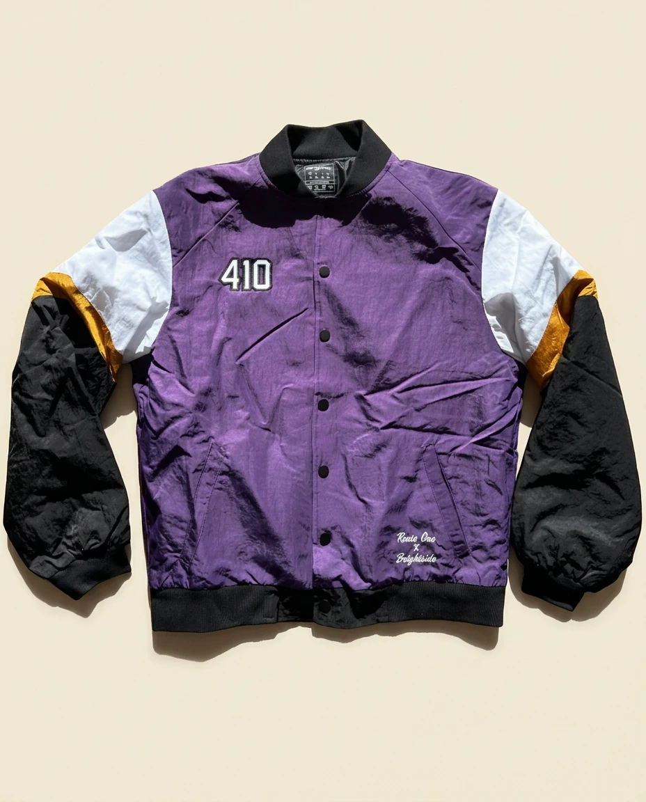 AI-generated purple varsity jacket photography: front flat lay