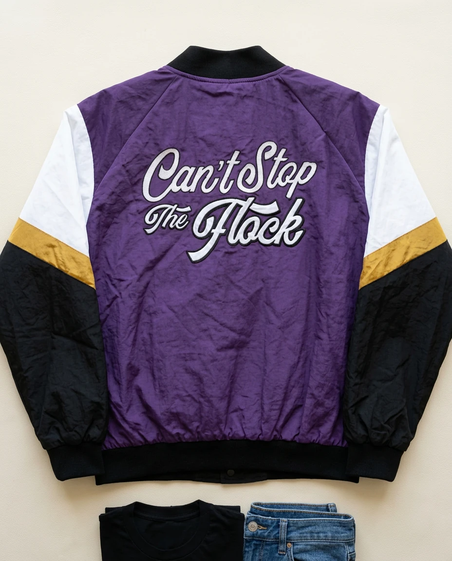 AI-generated purple varsity jacket photography: back still life