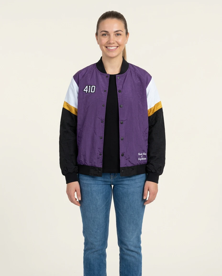 AI-generated purple varsity jacket photography: studio front