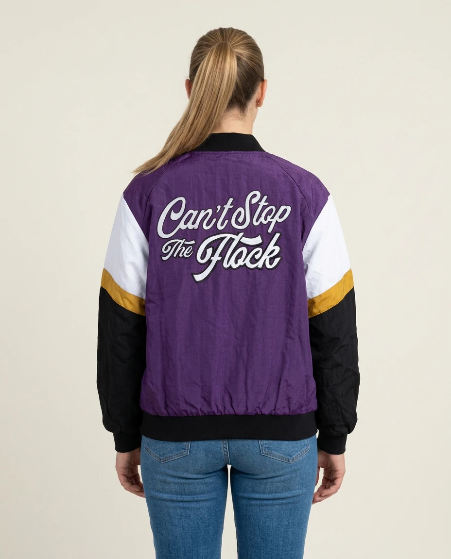 AI-generated purple varsity jacket photography: studio back