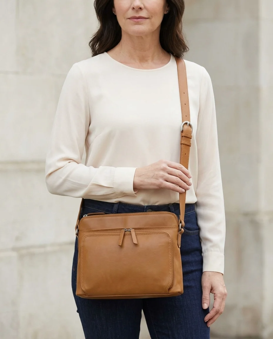 AI-generated saddle leather crossbody photography: tactile detail