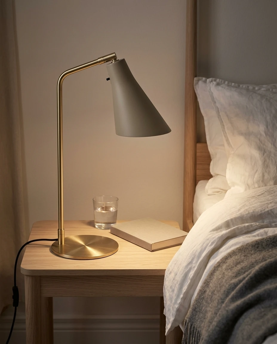 AI-generated sand and brass table lamp photography: at the bedside