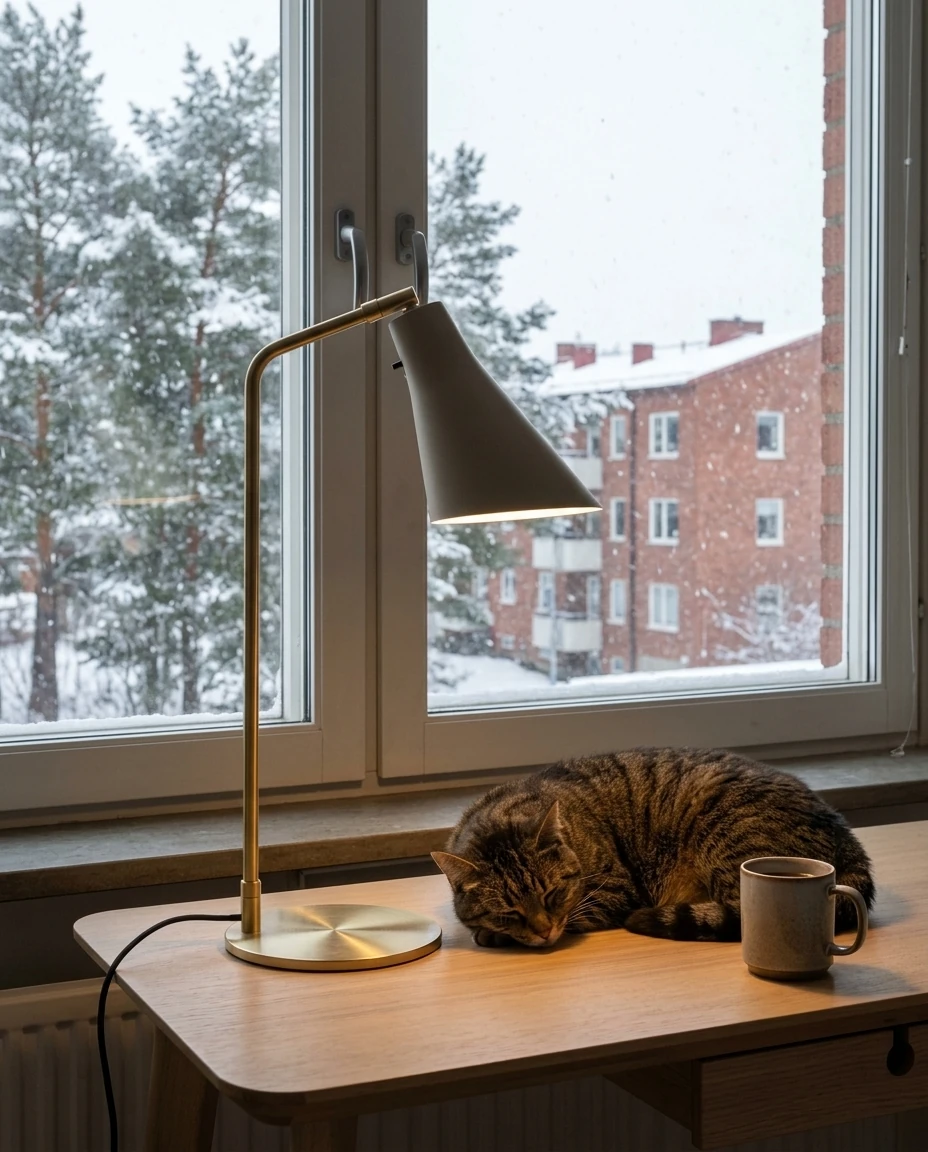 AI-generated sand and brass table lamp photography: snow day with the cat