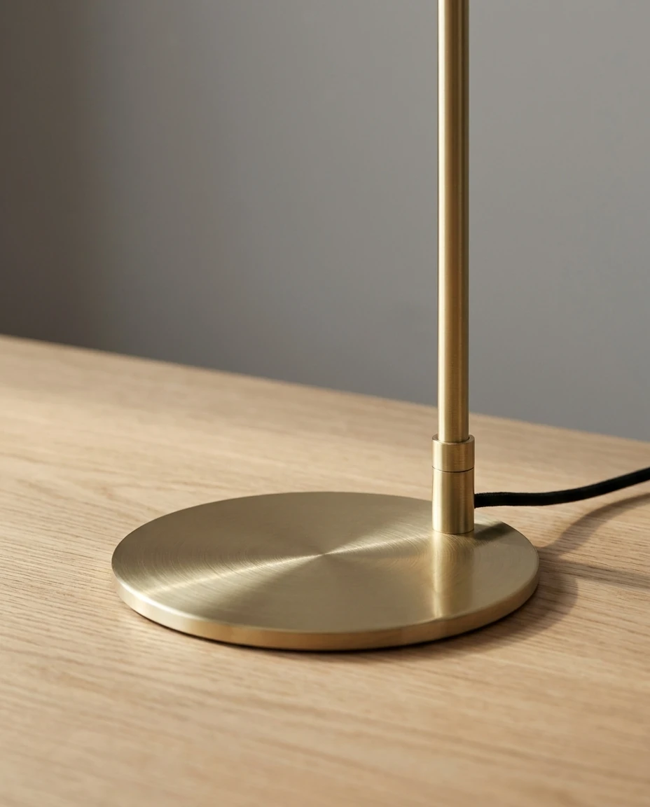 AI-generated sand and brass table lamp photography: brushed brass base