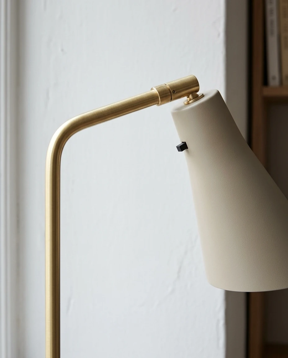 AI-generated sand and brass table lamp photography: the brass joint