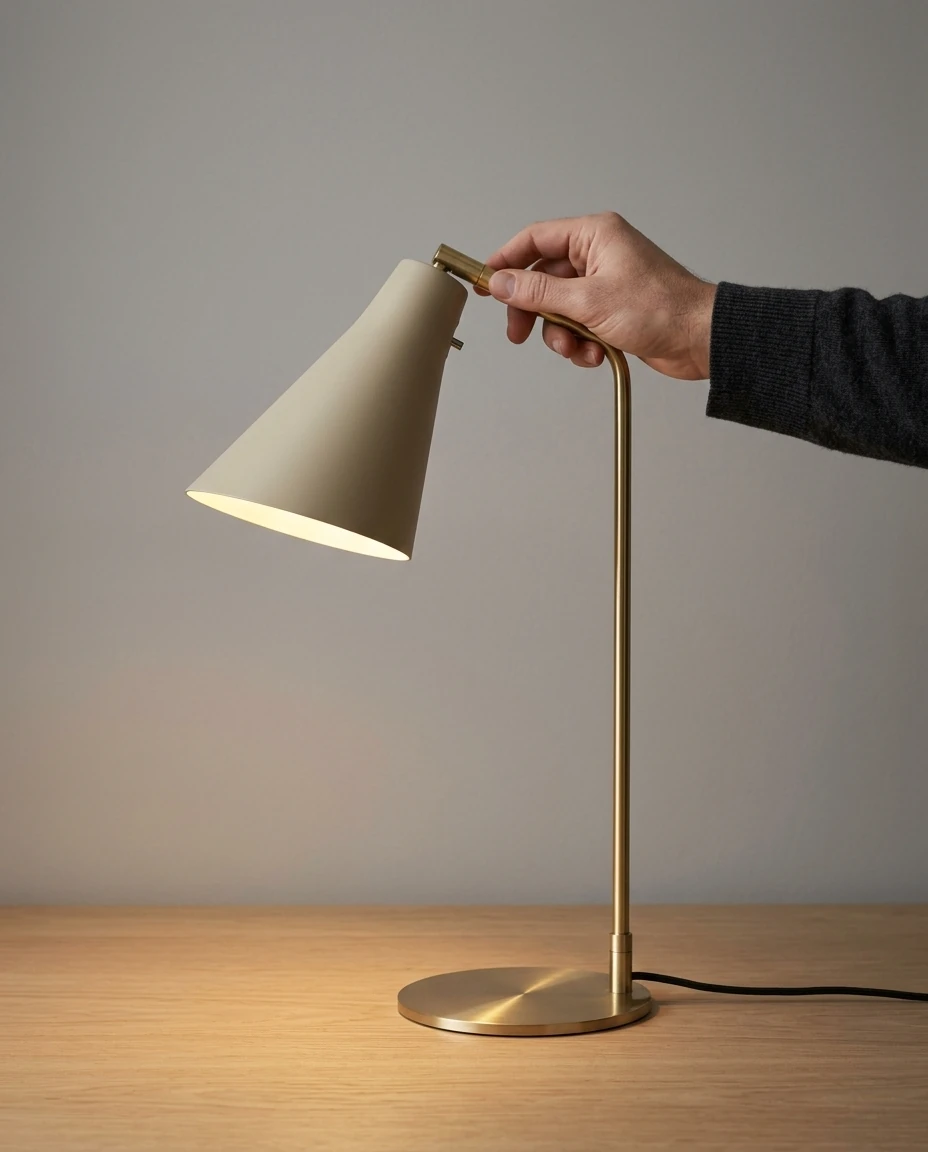 AI-generated sand and brass table lamp photography: tilting the shade