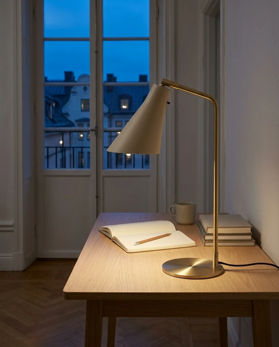 Sand and brass table lamp in an AI-generated setting