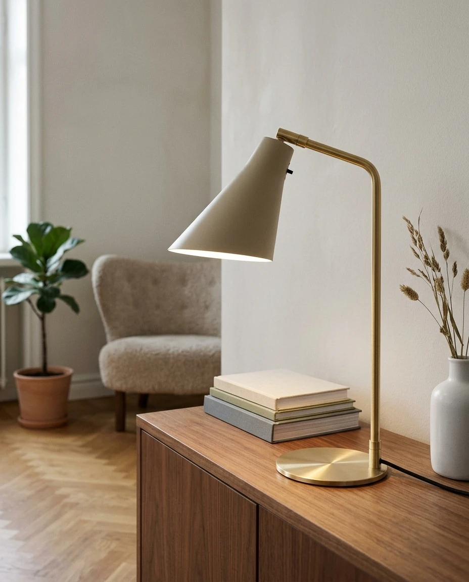 AI-generated sand and brass table lamp photography: on the sideboard