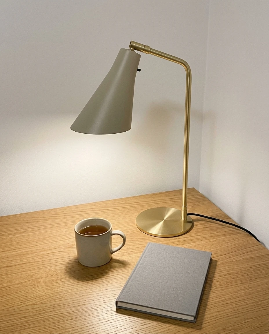 AI-generated sand and brass table lamp photography: late at the desk
