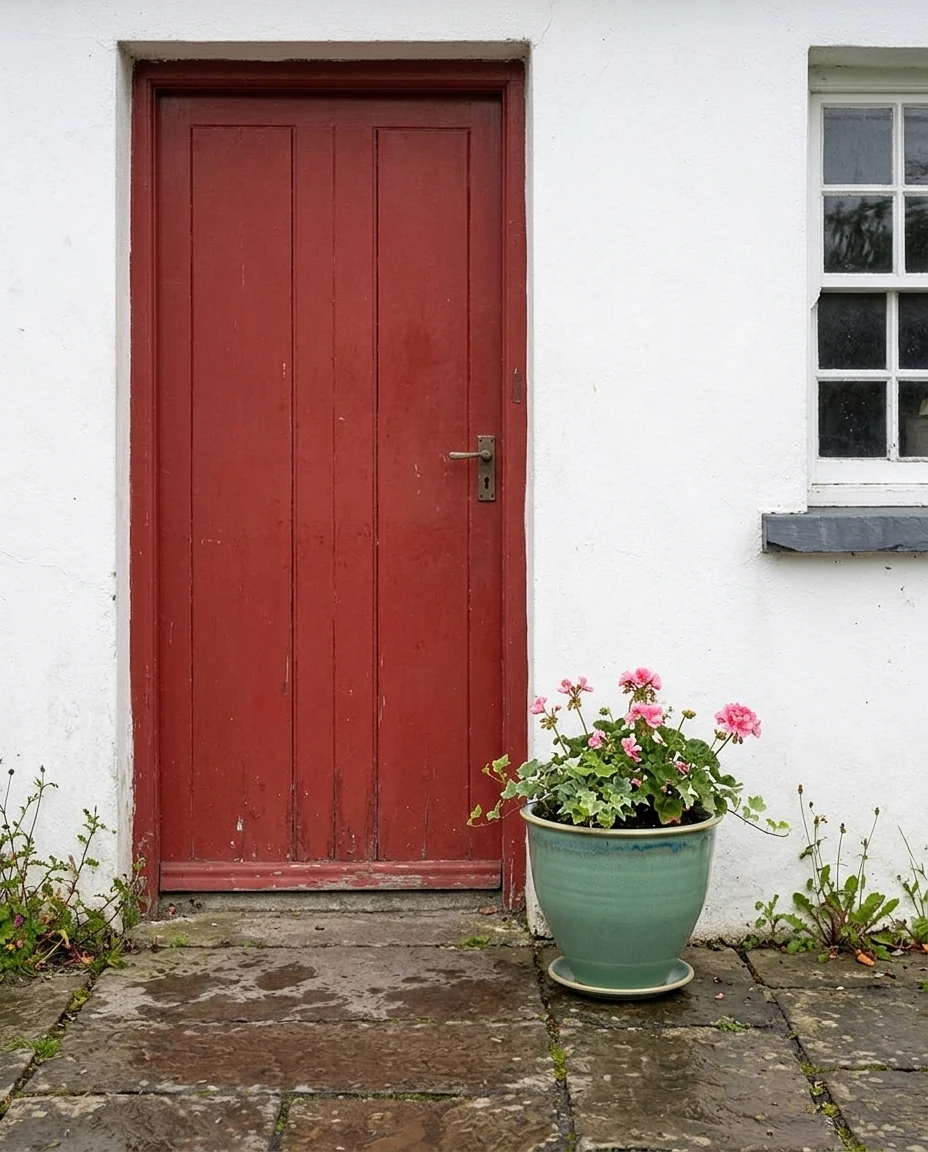 AI-generated sea-green flowerpot photography: by the cottage door