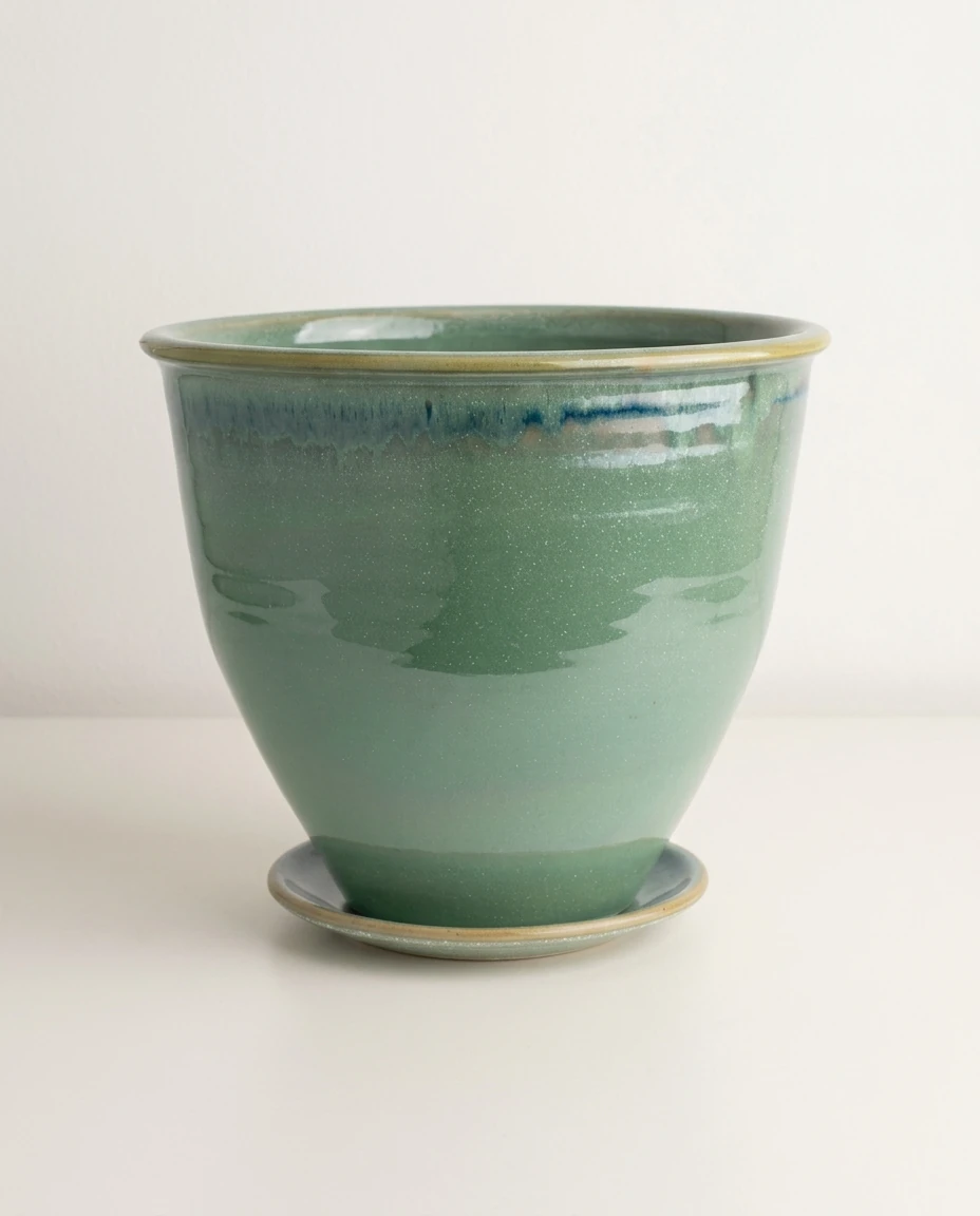 AI-generated sea-green flowerpot photography: daylight, plain wall