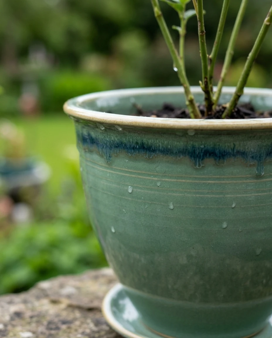 AI-generated sea-green flowerpot photography: rim and drip glaze