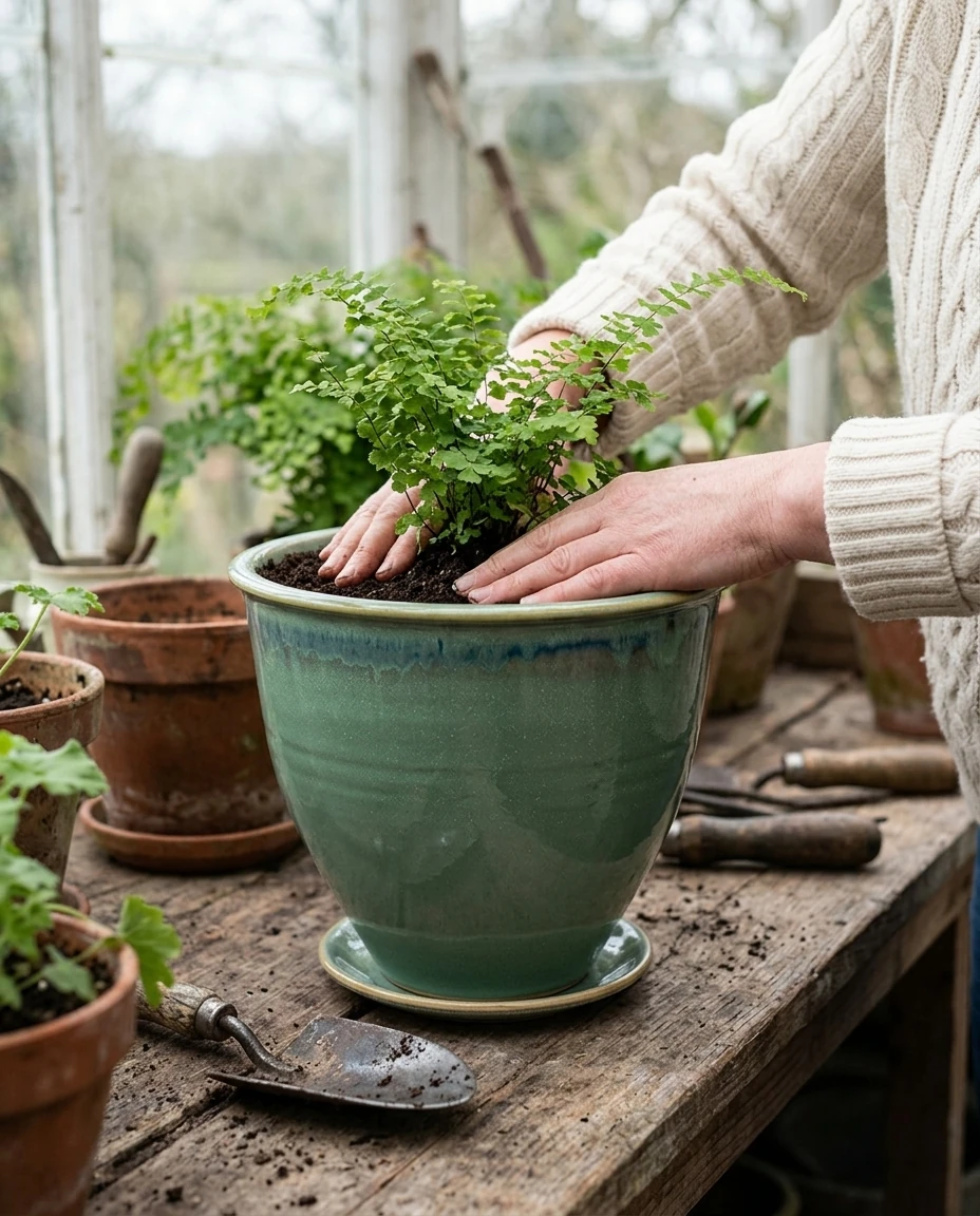AI-generated sea-green flowerpot photography: planting a fern