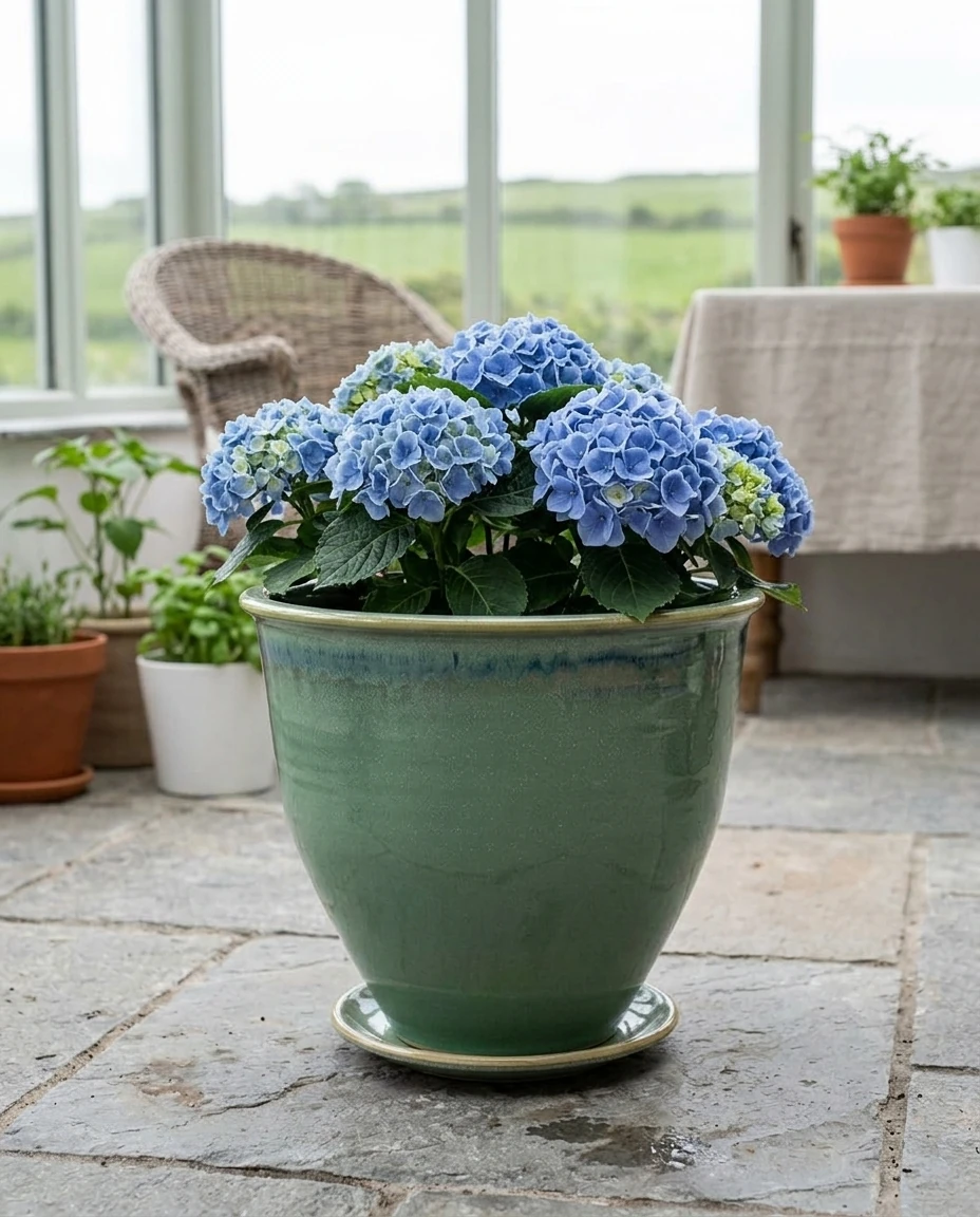 Sea-green flowerpot in an AI-generated setting