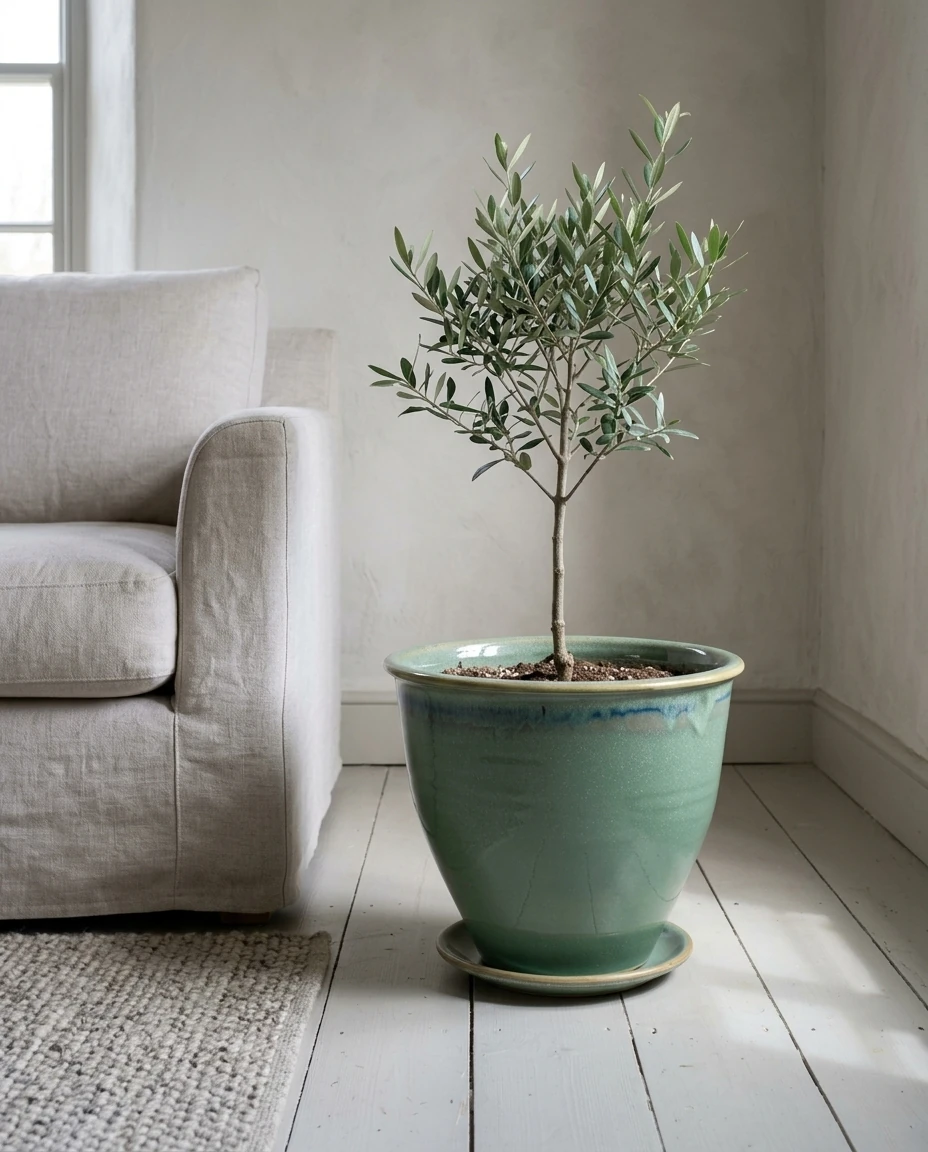 AI-generated sea-green flowerpot photography: olive tree indoors