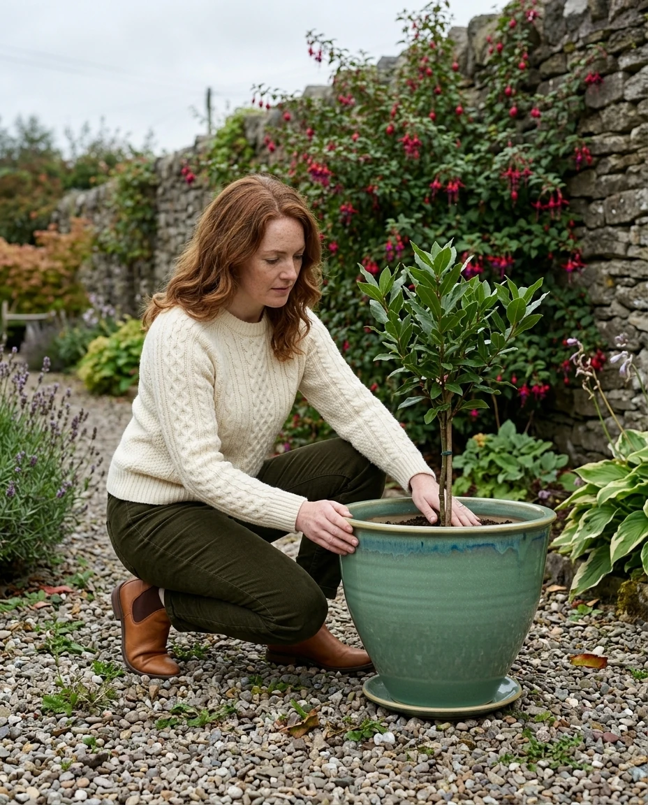 AI-generated sea-green flowerpot photography: planting a bay tree