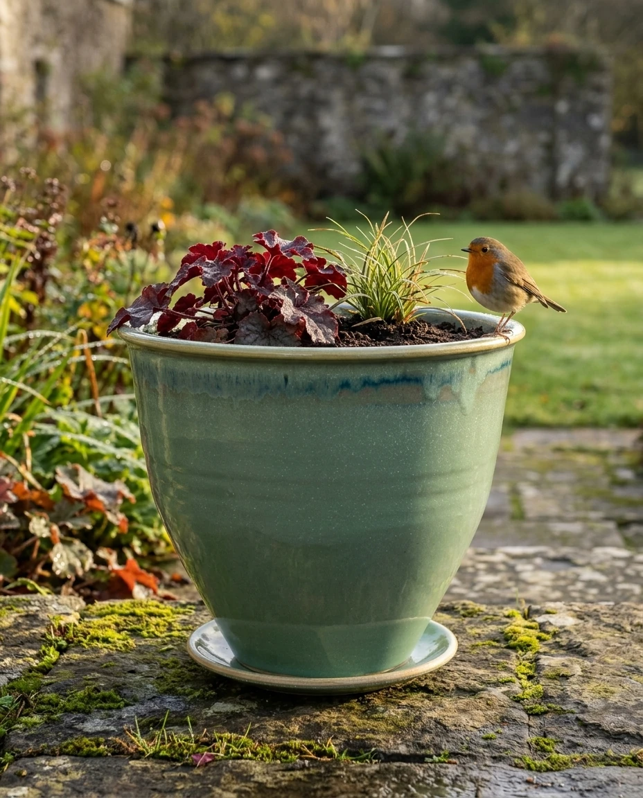 AI-generated sea-green flowerpot photography: a robin visits