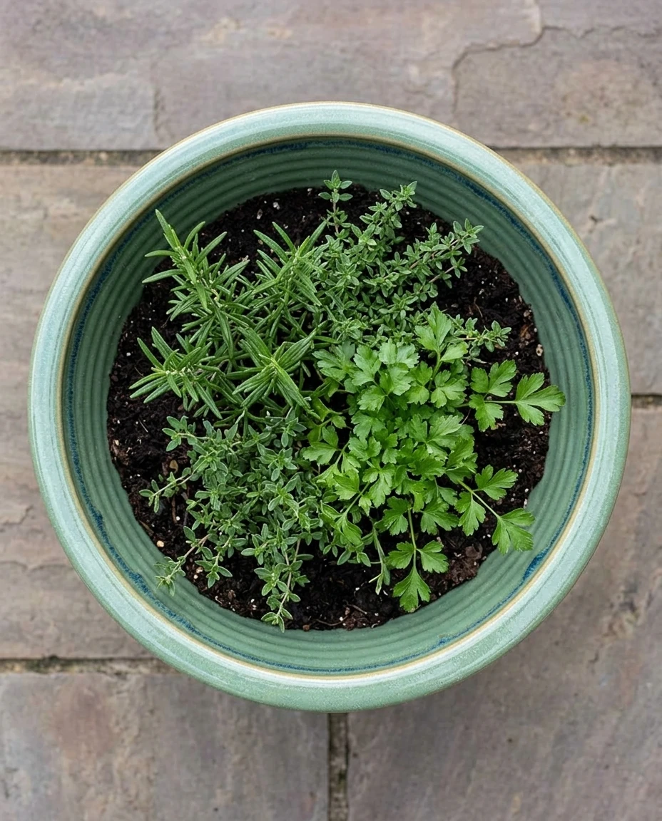 AI-generated sea-green flowerpot photography: herbs from above