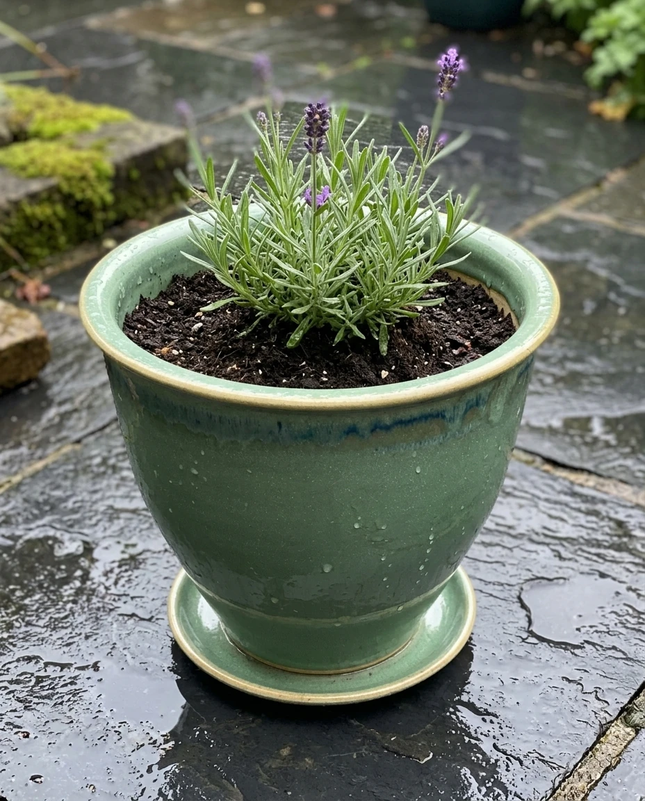AI-generated sea-green flowerpot photography: after the rain