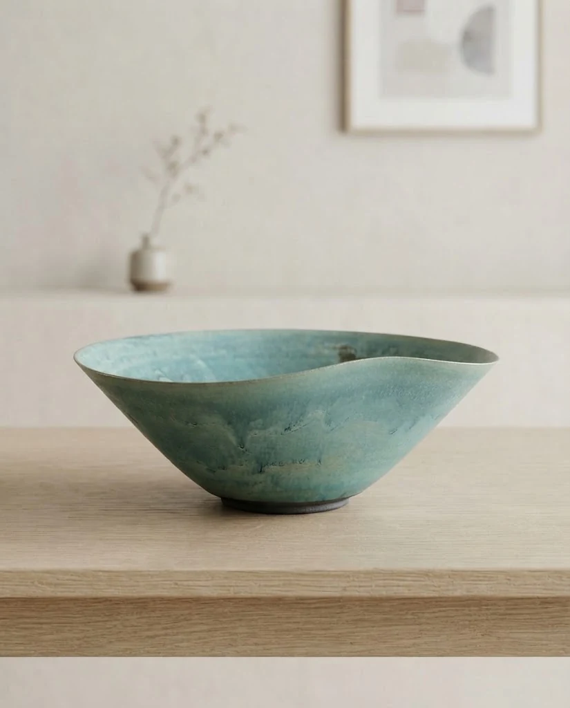 AI-generated sea-green wave bowl photography: on the console