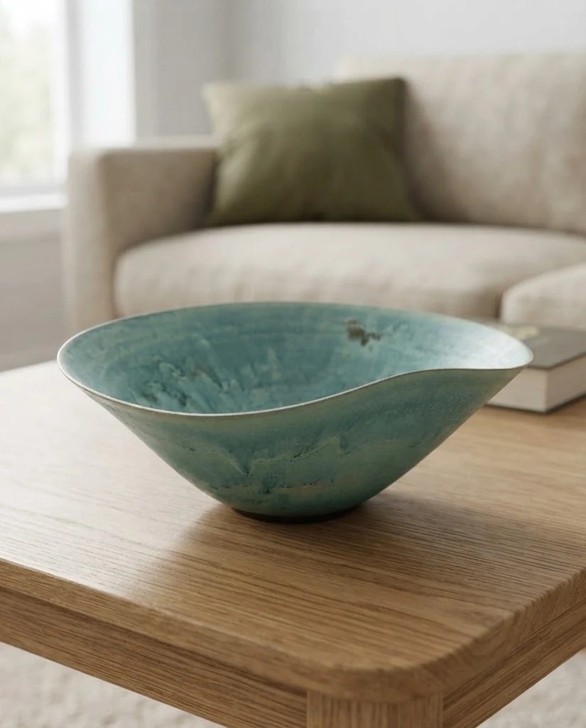 AI-generated sea-green wave bowl photography: living-room setting