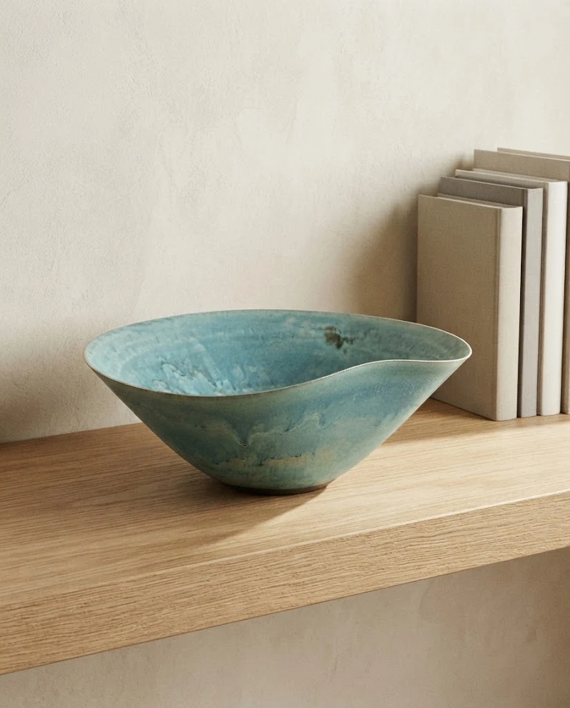 AI-generated sea-green wave bowl photography: shelf vignette