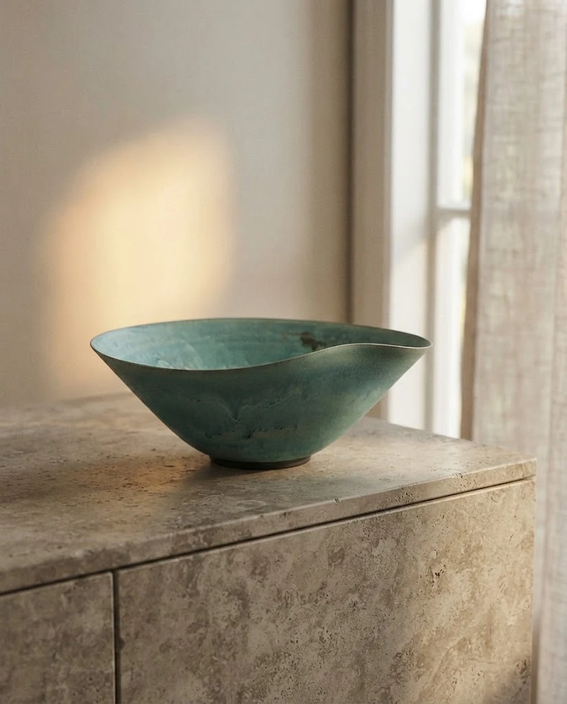 AI-generated sea-green wave bowl photography: window light