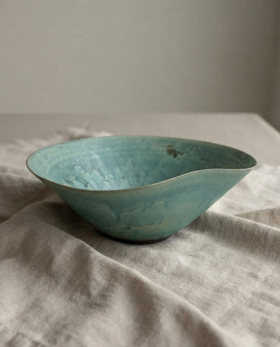 AI-generated sea-green wave bowl photography: linen still life