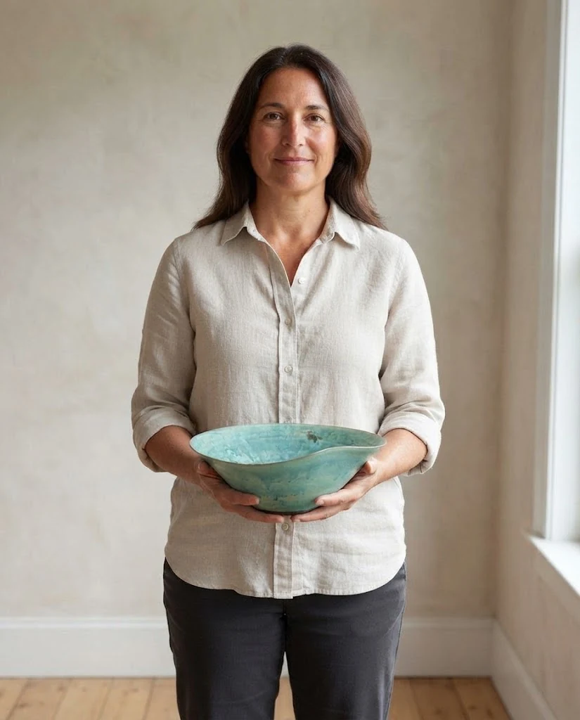 AI-generated sea-green wave bowl photography: held for scale