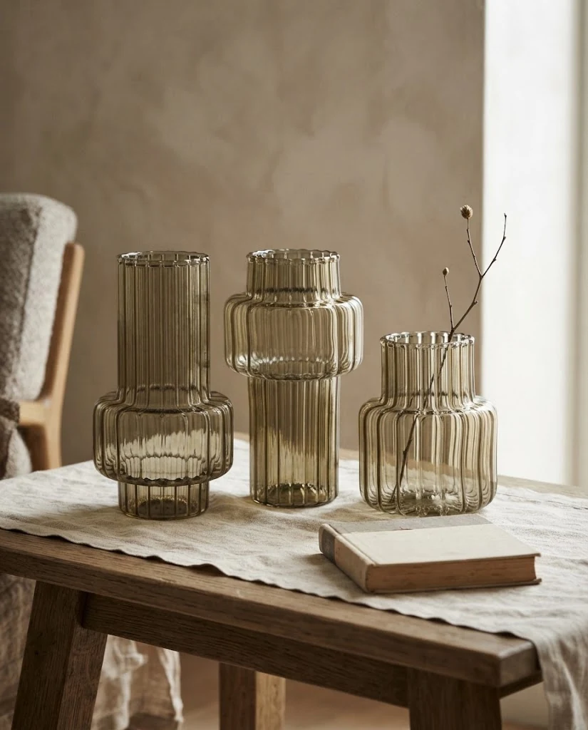AI-generated smoked glass trio photography: linen still life