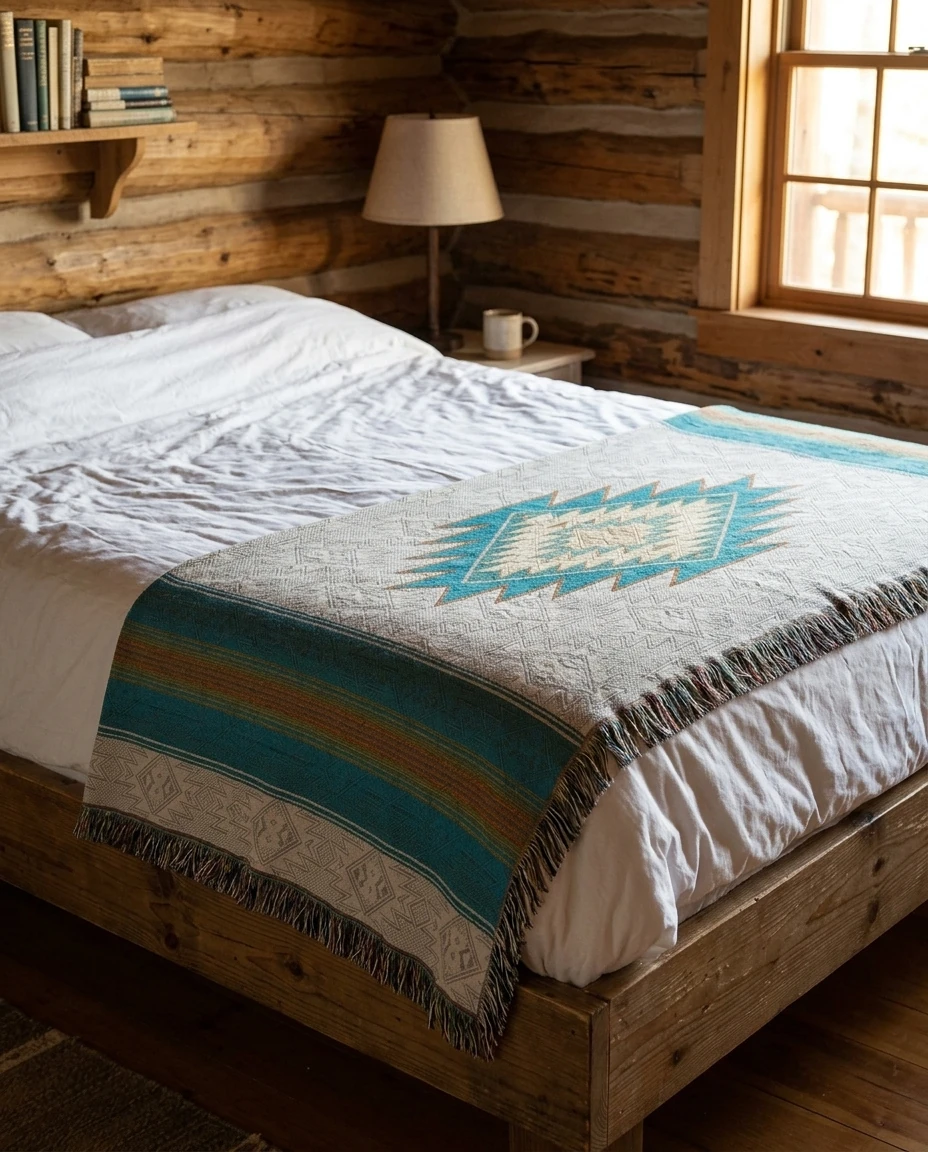 AI-generated southwest medallion throw photography: cabin bedroom