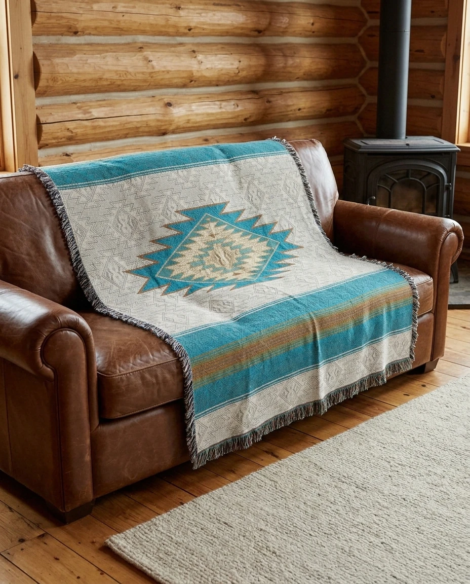 AI-generated southwest medallion throw photography: cabin sofa