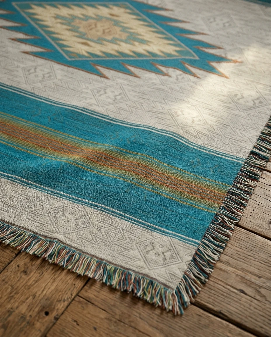 AI-generated southwest medallion throw photography: band and weave detail