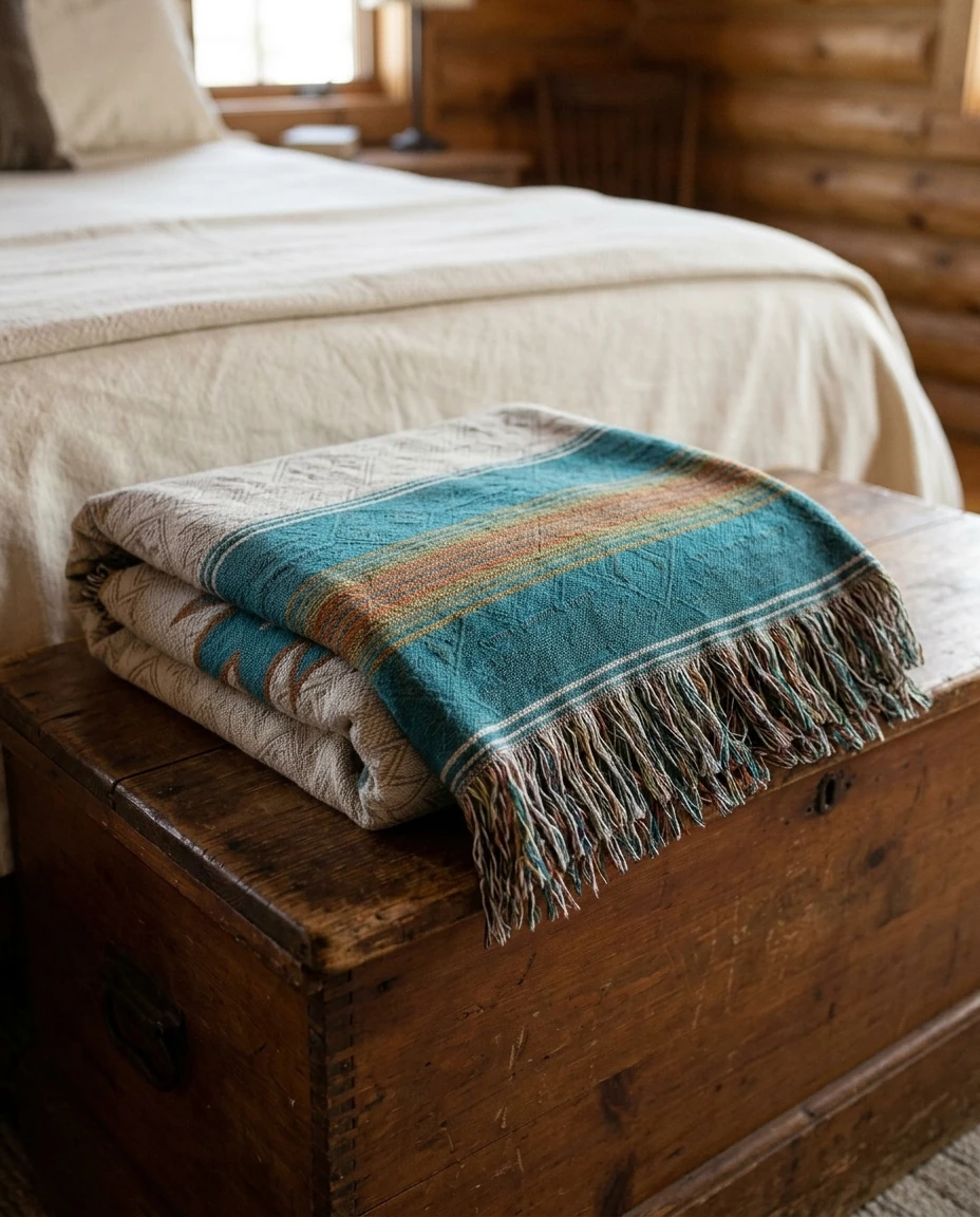 AI-generated southwest medallion throw photography: folded on the trunk