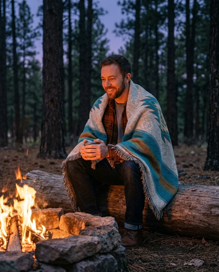 AI-generated southwest medallion throw photography: by the campfire