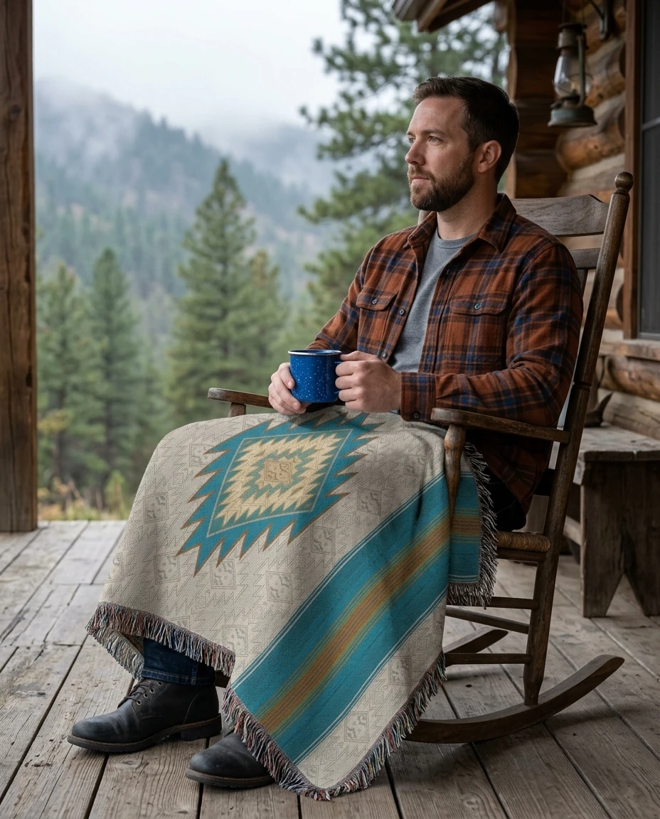 AI-generated southwest medallion throw photography: morning on the porch