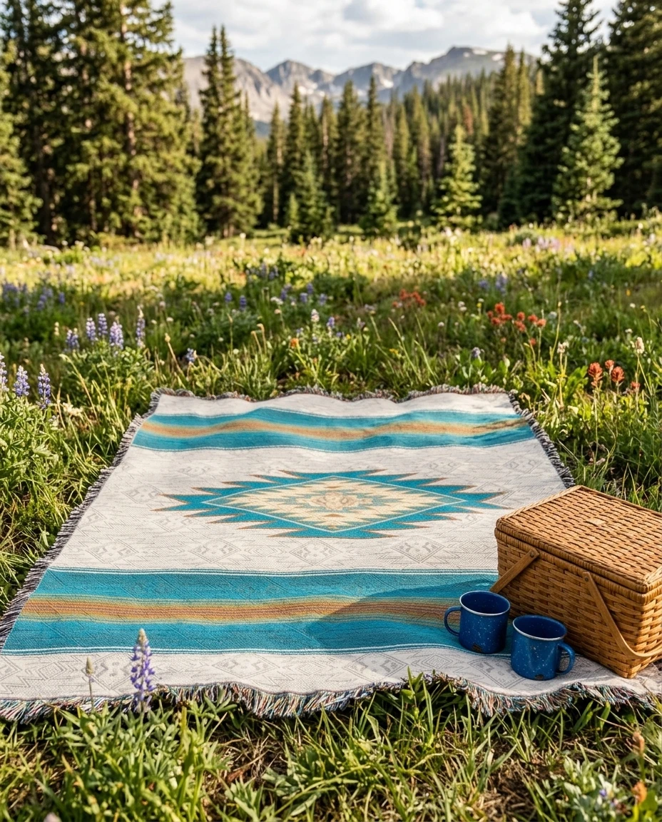 AI-generated southwest medallion throw photography: meadow picnic